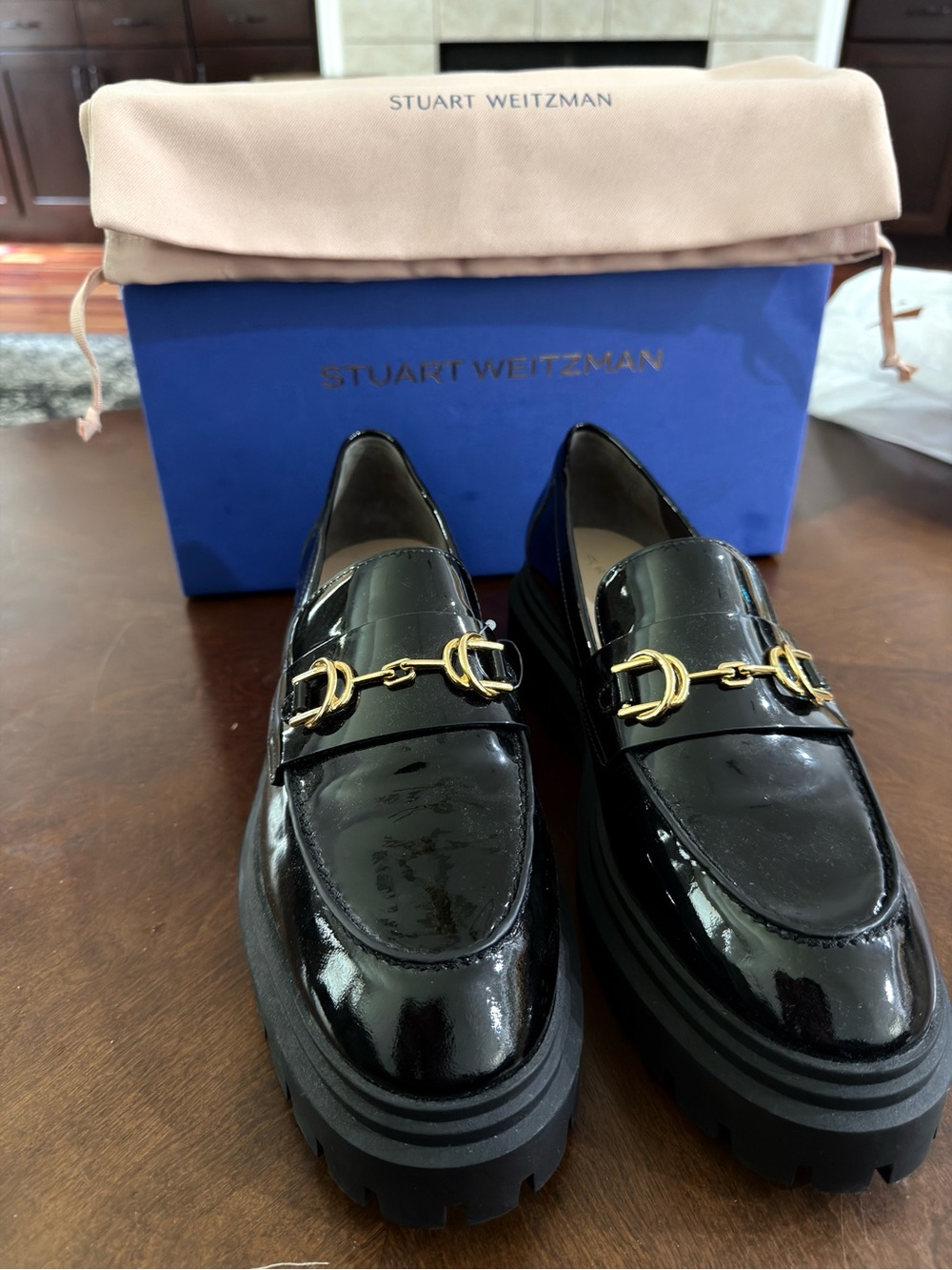 Stuart Weitzman Black Patent Leather Lug Sole Horsebit Loafers- 10.5